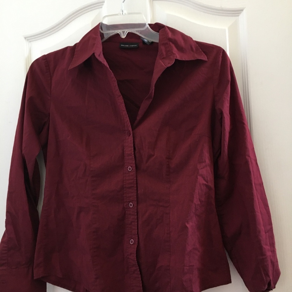 New York & Company Burgundy Button-Down Collared Blouse